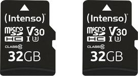 Intenso Professional microSDHC 32GB 10 klasės UHS-I, U3, V30 atminties kortelė su SD adapteriu (iki 100MB/s), juoda (2 vnt.)