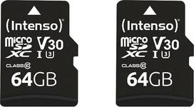 Intenso Professional microSDXC 64GB 10 klasės UHS-I, U3, V30 atminties kortelė su SD adapteriu (iki 100MB/s), juoda (2 vnt.)