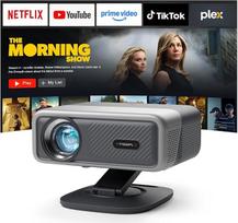 Išmanusis projektorius 4K [suderinamas su "Netflix"] 3D Dolby Audio VISSPL 30 000 liumenų automatinio fokusavimo/automatinės krypties korekcijos projektorius, "WiFi6 Bluetooth" projektorius 4K namų kinui, lauko vaizdo projektorius su 360° pasukamu stovu