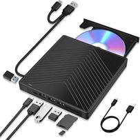 Išorinis CD DVD diskas USB 3.0 ir C tipo nešiojamasis CD DVD +/-RW ROM skaitytuvas su SD/TF 4 USB ir USB-C prievadu, skirtas nešiojamiesiems kompiuteriams Windows 11 10 8 7 XP, Linux, Mac OS