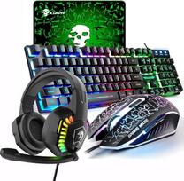 JK išdėstymas 4 in 1 žaidimų klaviatūros ir pelės komplektas Vaivorykštinis apšvietimas USB žaidimų klaviatūra + 2400 DPI 6 mygtukų optinė vaivorykštinė LED USB pelė + žaidimų ausinės + pelės kilimėliai asmeniniam kompiuteriui / kompiuteriui