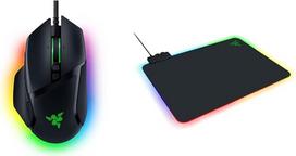 Juodos spalvos "Razer Basilisk V3" žaidimų pelė su "Chroma RGB" + juodos spalvos "Firefly V2" žaidimų pelės kilimėlis su mikro tekstūros paviršiumi ir "Chroma RGB" apšvietimu (kabelio laikiklis, kraštų apšvietimas, neslystantis)