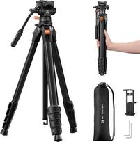 K&F CONCEPT fotoaparato trikojis su sklandžia galvute, sklandžiai pasukamas ir pakreipiamas DSLR, veidrodiniams fotoaparatams ir vaizdo kameroms, 230 cm ilgio aliumininis trikojis su 90 laipsnių centrine kolonėle, skirtas tiesioginėms transliacijoms, tink