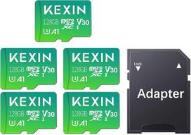 KEXIN 128GB micro SD kortelė 5 pakuotės microSDXC atminties kortelė UHS-I U3 A1 10 klasės V30 skaitymo greitis iki 90MB/s su SD adapteriu, skirta išmaniajam telefonui, vaizdo kamerai, fotoaparatui ir planšetiniam kompiuteriui