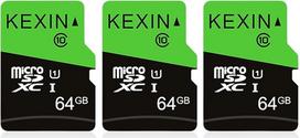 KEXIN Micro SD kortelė 64GB, 3 atminties kortelės su adapteriu, MicroSDXC UHS-I Class 10 U1, mini SD kortelė išmaniajam telefonui, planšetiniam kompiuteriui, fotoaparatui, veiksmo kamerai