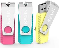 KEXIN USB atmintinė 2.0 128GB besisukantis išorinis duomenų kaupiklis su LED lemputėmis, skirtas nešiojamiesiems kompiuteriams, planšetiniams kompiuteriams (128GB, 3 spalvos: rožinė, geltona, žydra) 3 pakuotės