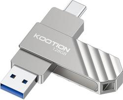 KOOTION USB atmintinė 128GB USB C 3.2 Flash Drive 128GB OTG iki 400MB/s 2 in 1 su dviem išoriniais prievadais SSD metalinė, skirta C tipo "iPhone" / "Android" išmaniajam telefonui / stalui / kompiuteriui (sidabrinė)