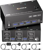 KVM jungiklis 2 kompiuteriams 3 monitoriams 8K @ 60Hz, MLEEDA HDMI "Displayport" KVM jungiklis trims monitoriams 2 kompiuterių dalims, 3 monitoriams ir 4 USB 3.0 įrenginiams, su 12 V nuolatinės srovės maitinimo šaltiniu, laidiniu nuotolinio valdymo pultu