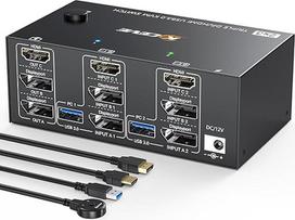 KVM jungiklis 2 kompiuteriams, 3 monitoriams, USB 3.0 KVM jungiklis HDMI + DisplayPort, 8K@60Hz/4k@144Hz trijų monitorių KVM jungiklis 2 kompiuteriams, 3 ekranams ir 4 USB 3.0 įrenginiams
