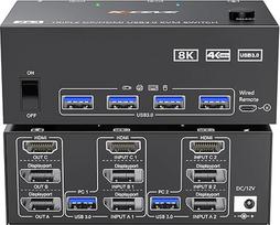 KVM jungiklis 2 kompiuteriams 3 monitoriams HDMI + 2 ekrano prievadai 8K @ 60Hz 4K @ 144Hz, MLEEDA trijų monitorių KVM jungiklis 2 kompiuterių dalims 3 monitoriams ir 4 USB 3.0 įrenginiams su 12 V maitinimo šaltiniu, laidiniu nuotolinio valdymo pultu ir 2