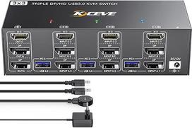 KVM jungiklis 3 kompiuteriams 3 monitoriai 8K @ 60Hz, 4K @ 144Hz, USB 3.0 KVM jungiklis trims monitoriams 2 DisplayPort 1.4 + HDMI 2.1 3 kompiuteriams Dalytis pele, klaviatūra su laidiniu nuotolinio valdymo pultu