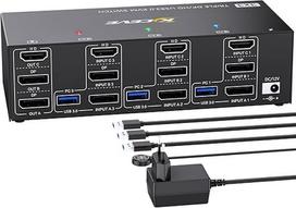 KVM jungiklis 3 kompiuteriams 3 monitoriams 8K @ 60Hz 4K @ 144Hz, trijų monitorių HDMI + 2 "Displayport" KVM jungiklis 3 kompiuterių dalims 3 monitoriams ir 4 USB 3.0 įrenginiams su 12 V nuolatinės srovės maitinimo šaltiniu, laidiniu nuotolinio valdymo pu