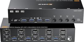 KVM jungiklis 3 monitoriams 4 kompiuteriams, 2 DisplayPort + 1 HDMI USB 3.0 KVM jungiklis, palaiko 4K@60Hz, skirtas 3 kompiuteriams, kurie dalijasi 2 DP monitoriais, klaviatūra ir pele