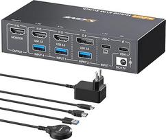 KVM jungiklis 4 kompiuteriams 1 monitoriui HDMI USB-C DP, 4K @ 60Hz EDID USB 3.0 KVM jungiklis 4 prievadams 4 kompiuteriams, skirtas dalytis pele, klaviatūra, maitinimo šaltiniu ir laidiniu nuotolinio valdymo pultu (4K USB C HDMI DP 4 in 1 out KVM)