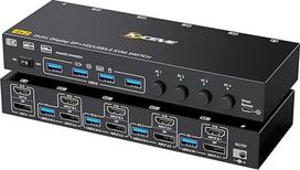 KVM jungiklis 4 kompiuteriams 2 monitoriams HDMI ekrano prievadas 8K @ 60Hz 4K @ 144Hz, USB 3.0 KVM jungiklis su dviem monitoriais 4 kompiuteriams dalytis klaviatūra, pele ir spausdintuvu, su laidiniu nuotolinio valdymo pultu