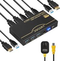 KVM jungiklis 4K 120Hz / 8K 60Hz, HDMI 2.1 USB 3.0 jungiklis 2 kompiuteriams, 1 monitoriui, dalijantis klaviatūra ir pele, su 2 USB ir 2 HDMI kabeliais