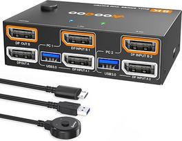 KVM jungiklis 8K@30Hz/4K@144Hz, DP KVM jungiklis 2 kompiuteriams, 2 monitoriams ir 4 USB 3.0 įrenginiams, pridedamas nuotolinio valdymo pultas ir USB kabelis