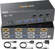 KVM jungiklis 8K@60Hz/4K@144Hz, HDMI DP KVM jungiklis 3 kompiuteriams, 3 monitoriams ir 4 USB 3.0 įrenginiams, pridedamas nuotolinio valdymo pultas ir USB kabelis