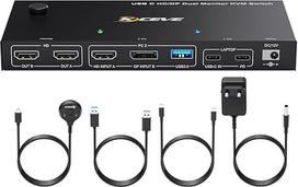 KVM jungiklis nešiojamam kompiuteriui 2 monitoriams, KVM jungiklis 2 kompiuteriams 2 monitoriams, USB C DP HDMI, 4 USB 3.0 prievadai, 4K@60Hz, MST, PD 60W, laidinis nuotolinio valdymo pultas (4K USB C DP HDMI 2 in 2 out KVM)