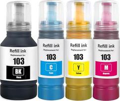 LCL 103 rašalo buteliukas, suderinamas su "Epson EcoTank" L1110 L1210 L1210 L1250 L3100 L3101 L3110 L3111 L3150 L3151 L3156 L3160 L3210 L3211 L3213250 L3251 L3256 L3260 L3266 (4 pakuotės, juoda žydra, geltona, purpurinė)