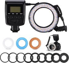 LED makroskopinė žiedinė blykstės šviesa LCD ekranas 48 šviesos diodai 4 režimai 7 ryškumo lygiai 9 adapterio žiedai Mėlyni ir oranžiniai difuzoriai DSLR fotoaparatui