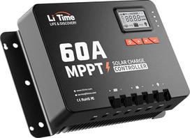 LiTime 60A MPPT 12V/24V/36V/48V Max. 3200 W nuolatinės srovės įvesties saulės baterijų įkrovimo valdiklis su "Bluetooth" adapteriu, reguliuojamais parametrais, LCD ekranas, LED indikatoriai, saulės baterijų valdiklis, skirtas ličio akumuliatoriui