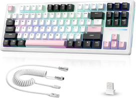 MAMBASNAKE × ATTACK SHARK TKL "Hot-Swap" belaidė mechaninė žaidimų klaviatūra su specialiai apvyniotu USB-C kabeliu, trijų režimų 2.4GHz/BT5.0/laidinė, RGB, 4600mA, balta/rožinė