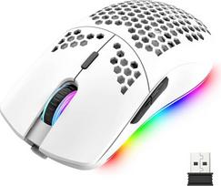 Mengshen RGB žaidimų pelė, belaidė pelė su lengvu medaus korio korpusu, labai tiksli optinė, reguliuojama 3200 DPI, ergonomiška, skirta "Windows" kompiuteriams, nešiojamiesiems kompiuteriams, žaidėjams (balta)