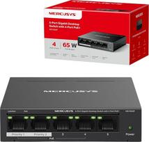 MERCUSYS 5 prievadų Gigabit-Ethernet-Computer-Switch mit PoE+, 4 prievadai, PoE, 65 W, palaiko 802.3af/at PD, Energiemanagement, Metallgehäuse, Plug & Play, Nicht erforderlich