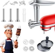 Mėsmalės priedas, suderinamas su "Kitchen Aid" stoviniu maišytuvu, apima malimo lėkštes, malimo peilį, dešrų vamzdžius, mėsainių kotletų presus, skirtus naudoti namuose, nerūdijantis plienas