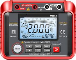 MH13 250V-2500V Skaitmeninis izoliacijos varžos testeris 1MΩ-200GΩ Megohm testo matuoklis Automatinis diapazonas 2000 skaitmenų LCD ekranas 10V ~ 600V AC / DC voltmetras su 100 duomenų atmintimi