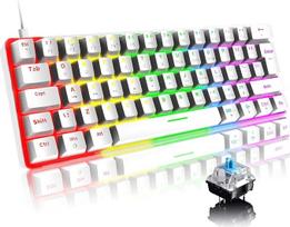 Mini 60% žaidimų klaviatūra Laidinė mechaninė klaviatūra, kompaktiška, nešiojama, 62 klavišai, UK išdėstymas, 19 RGB chromatinis apšvietimas, nuimamas C tipo USB, skirta PC, nešiojamiesiems kompiuteriams, "Mac", PS4, "Xbox" (balta/mėlyna jungtis)