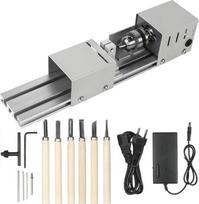 Mini rotacinis įrankis, 12V-24VDC 96W Mini tekinimo staklės, karoliukų poliravimo įrenginys Power Wood Lathe Stalo medienos tekinimo staklės su 6 kaltais DIY CNC apdirbimo staklės medžio apdirbimui
