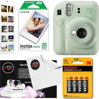Momentinių fotoaparatų rinkinys su "Fujifilm Mini 12 Mint Green" fotoaparatu, "Fujifilm" 20 kadrų, 4 x AA baterijomis, sieniniu albumu, "Clikoze" objektyvo šluoste ir momentinės fotografijos patarimų kortele