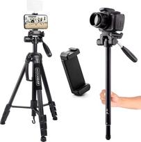 MOJOGEAR 177 cm "2-in-1" trikojis - trikojis + monopodas su aukščiausios kokybės telefono laikikliu - aliuminis, 3 krypčių rutulinė galvutė, greito nuėmimo plokštelė, krepšys, skirtas DSLR fotoaparatui, išmaniajam telefonui, vaizdo įrašui SAB264