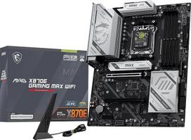 MSI MAG X870E Gaming MAX WiFi pagrindinė plokštė, ATX - palaiko "AMD Ryzen 9000/8000/7000" procesorius, AM5 - "DDR5 Memory Boost" (iki 8200+ MT/s OC), PCIe 5.0 x16, M.2 Gen5, "Wi-Fi 7", 5G LAN
