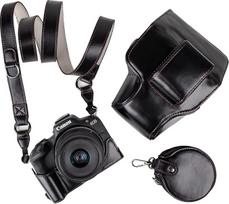 MUZIRI KINOKOO EOS R50 R100 Retro PU odos fotoaparato dėklas "Canon EOS R50 R100" DSLR fotoaparatui su 18-45 mm objektyvu - su dugno anga, petnešėle ir dėklu - juodas