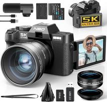 NBD 5K skaitmeninis fotoaparatas 64 MP su automatiniu fokusavimu ir 16 kartų priartinimu, 3 colių 180° sulankstomu ekranu, "WiFi" - įskaitant plačiakampį / makroobjektyvą + 2 baterijas + mikrofoną + 64GB kortelę (tamsiai juoda)