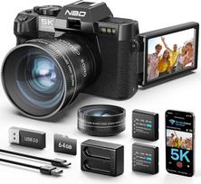 NBD 5K skaitmeninis fotoaparatas 64 MP su automatiniu fokusavimu ir 16 kartų priartinimu, F1,8 naktinio matymo funkcija, 3 colių 180° sulankstomu ekranu, "WiFi", interneto kamera - įskaitant plačiakampį / makroobjektyvą + 2 baterijas + 64GB kortelę (juod