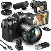 NBD 8K skaitmeninė kamera 64MP su automatiniu fokusavimu ir 16x priartinimu, 3" 180° klaviatūros ekranu, WiFi - Inkl. Weitwinkel/Makro-Linse + 2 Akkus + 64GB Karte + Mikrofon (Schwarz)