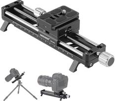 NEEWER 140 mm makro fokusavimo bėgelis, 360° pasukamas makro slankiklis, 4 krypčių užraktas, ištraukiamos kojelės, "Acra" tipo QR plokštelė, 1/4 colio ir 3/8 colio varžtai, skirti makro fotografavimui iš arti, GM-MP2