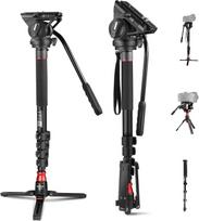 NEEWER GM76 Profesionalus fotoaparato monopodas su kojelėmis, 179 cm ilgio teleskopinis nešiojamas aliuminio kelioninis monopodas ir pasukama pasvirimo galvutė bei nuimamas trikojo pagrindas DSLR fotoaparatui, maks. 6 kg apkrova