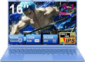 Nešiojamasis kompiuteris 16 colių 4 branduolių Celeron N5095 (iki 2,9 GHz) 12+512GB SSD išplėtimas 1 TB Nešiojamasis kompiuteris Win11 su 5G WiFi 1920x1200 BT4.2 Belaidė pelė ir AZERTY klaviatūra Mėlyna