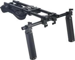 NICEYRIG Fotoaparato ramentas ant peties su dviguba rankena, 15 mm peties padas veidrodiniams DSLR fotoaparatams, stabilus vaizdo įrašymas, ramentas ant peties su universalia pagrindo plokštele, aliuminio lydinys, 15 mm strypas, rankenos rinkinys