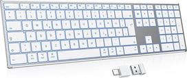 OMOTON aliuminio belaidė "Mac" klaviatūra, 2.4G ir dviguba "Bluetooth" (BT1/BT2), apšviesta klaviatūra, skirta "Apple MacBook Pro/Air", "iMac", "Mac Mini", itin plona, įkraunama, tyli QWERTZ, sidabrinė