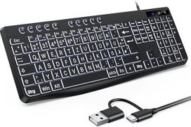 OMOTON apšviesta klaviatūra, kabelinė kompiuterio klaviatūra, QWERTZ balta apšviesta su dideliu spaudimu, 2 in 1 USB A/C senjorams, vaikams, silpnaregiams, skirta "Windows" su daugialypės terpės klavišais