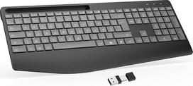 OMOTON belaidė klaviatūra su riešo atrama, ergonomiška 2,4 GHz įkraunama QWERTZ klaviatūra, 7 spalvų foninis apšvietimas, tyli belaidė klaviatūra, skirta "Windows 11/10/8/7", kompiuteriui (FR-Gris Graphite)