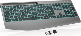 OMOTON belaidė klaviatūra su riešo atrama, ergonomiška 2,4 GHz įkraunama QWERTZ klaviatūra, 7 spalvų foninis apšvietimas, tyli belaidė klaviatūra, skirta "Windows 11/10/8/7", kompiuteriui, nešiojamajam kompiuteriui, pilka