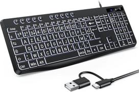 OMOTON klaviatūra su apšvietimu Laidinė klaviatūra, AZERTY baltas apšvietimas su dideliu spaudimo tašku, 2 in 1 USB A/C senjorams, vaikams, silpnaregiams, skirta "Windows" su daugialypės terpės sistema