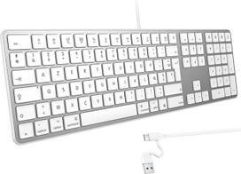 OMOTON laidinė "Mac" klaviatūra, klaviatūros kabelis su dviem prievadais (C/USB tipo), AZERTY prancūziška skaitmeninė klaviatūra, suderinama su "Apple Mac Pro/Mini", "MacBook Air/Neo", "iMac Pro", sidabrinė